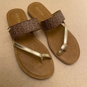 Guess Brown Logo Print and Gold Sandals, 10M, EUC